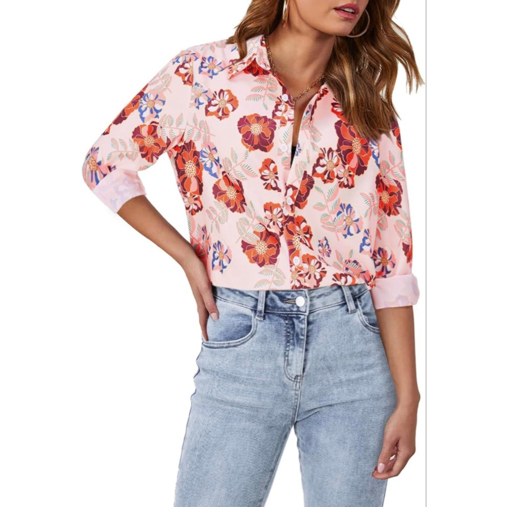 NEW Long Sleeve Button Down Shirts Floral Blouses XL